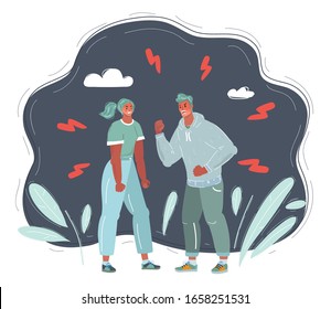 Vector cartoon illustration of woman an man fighting with each other.