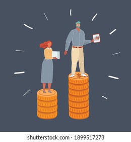 Vector cartoon illustration of woman and man standing at coins stacks. Weigh inequality earnings, salary concept on dark background.