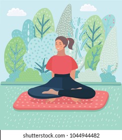 Vector cartoon illustration of woman was meditating in morning on park landscape,