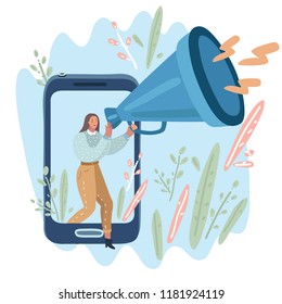 Vector cartoon illustration of woman with a megaphone. Woman walk out of screen of phone.