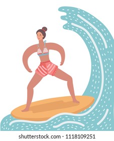 Vector cartoon illustration of woman on surf board. Surfer girl on the wave.