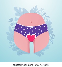 Vector cartoon illustration of woman periods, menstrual cycle, menstruation. Cute colorful panties in blood heart symbol of pain, discomfort, ache. Flat style template for poster, banner, advertising.