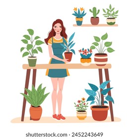 Vector cartoon illustration of a woman planting a plant in a pot. Home gardening and caring for indoor plants. Modern vector flat illustration isolated on a white background