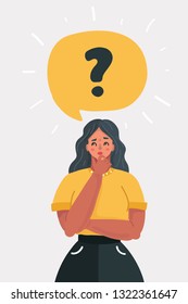 Vector cartoon illustration of Woman with question mark in think bubble. Question mark in speech bubble.