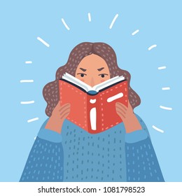 Vector cartoon illustration of woman reading textbook