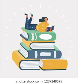 Vector cartoon illustration of cartoon woman reading book on stack of book Vector cartoon illustration of cartoon woman reading book on stack of book