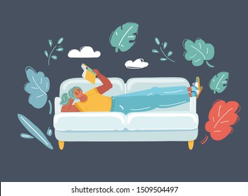 Vector cartoon illustration of Woman Reading on the sofa. Education concept. Student.