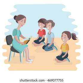 Vector cartoon illustration of woman reading a book for child. Boy and girls sitting on they knees and lesson to her