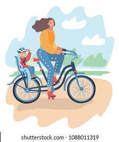 Vector cartoon illustration of Woman riding a bike, bicycle with little boy sitting in baby seat, mother and son in the park.