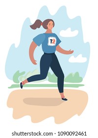 Vector cartoon illustration of woman running, sports, jogging, fitness, marathon in the park.