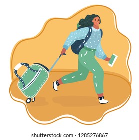 Vector cartoon illustration of Woman running with a suitcase cart, vacation, summer, adventure. Time to travel.