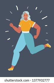 Vector Cartoon Illustration Of Woman Running Away. Female Cartoon Character On Dark Background.