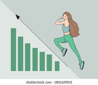 Vector cartoon illustration of a woman running towards her goal on a column of stair moving upward. The concept of a way to achieve a goal though motivation.