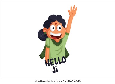 Vector cartoon illustration of a woman saying hello ji. Isolated on white background.