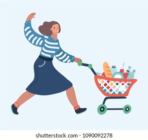 Vector cartoon illustration of Woman with shopping cart . Smiling girl wave by hands. Daily shopping, supermarket shopping, customer in mall, retail store on white background.