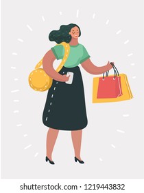 Vector cartoon illustration of woman with shopping bag. Happy lady in modern style on white isoltated background. Female character.