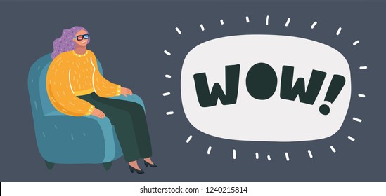 Vector cartoon illustration of Woman sit and watch tv in the dark on big screen.