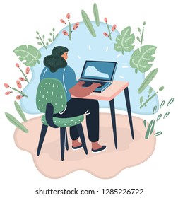 Vector cartoon illustration of woman, sits in the office at her desk and working on laptop.