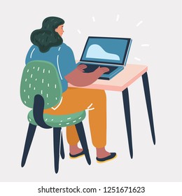 Vector cartoon illustration of woman sitting at a desk and working on the computer, back view. Workplace, make money online, e-business, e-learning, concept.