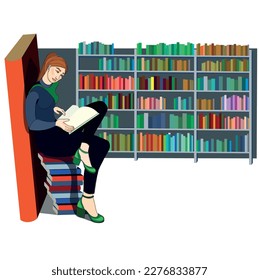 Vector cartoon illustration of a woman sitting on books near a bookshelf with an open book in her hands. Conceptual illustration of earnings, distance learning and self-education.