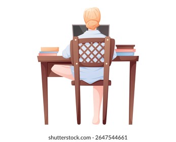 Vector cartoon illustration of woman sitting at desk with laptop and books, viewed from the back. Great for concepts like remote work, online learning, freelancing, productivity, and studying at home.
