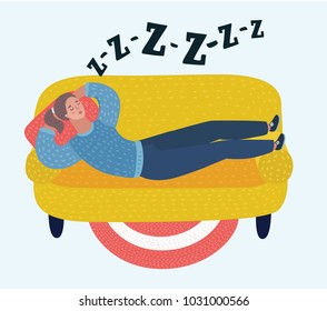 Vector cartoon illustration of woman sleep on sofa in room. Dreaming girl. Snoring, snoring during sleeping. Female characters in white isolated background.