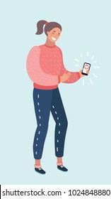 Vector cartoon illustration of a woman with a smartphone. Like in message. Send emoji to friends. Mobile messenger concept
