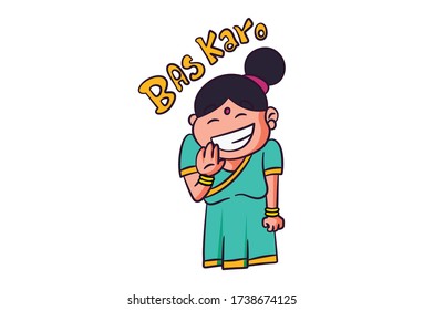 Vector cartoon illustration of woman is smiling. Bas karo Hindi text translation - stop. Isolated on white background.