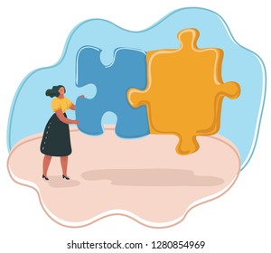 Vector cartoon illustration of woman solve a problem concept. Hold giant puzzles.