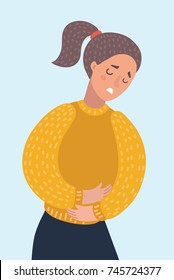 Vector Cartoon Illustration Of Woman Suffering From Stomachache Pain. Girl Having Period Bellyache. Health.