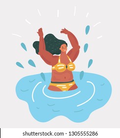 Vector Cartoon Illustration Of Woman Swimming In The Pool. Splash Around.