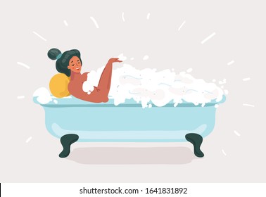 Vector cartoon illustration of Woman taking a bath. Relaxing girl in bathroom. Funny leisure concept on white background.