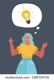 Vector cartoon illustration of woman thinking and got idea or solution in speech bubble on dark background. Lighting bulb symbol and human character.