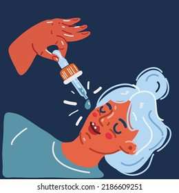 Ilustración vectorial de la mujer usando suero cosmético sobre el fondo oscuro