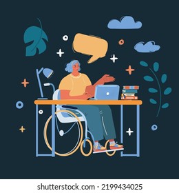 Vector cartoon illustration of woman using wheelchair while working