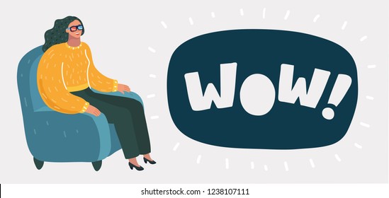 Vector cartoon illustration of woman watching movie at home. Female characters look at big screen. Human character on white background.