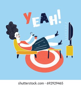 Vector cartoon illustration of woman watching television armchair and sitting in chair, drinking