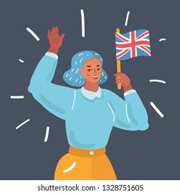 Vector cartoon illustration of a woman waving a britan flag