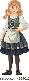A vector cartoon illustration of a woman wearing a traditional German Bavarian outfit with blonde hair