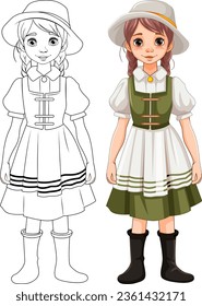 A vector cartoon illustration of a woman wearing a traditional German Bavarian outfit