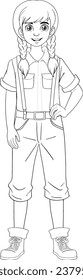 A vector cartoon illustration of a woman wearing suspenders