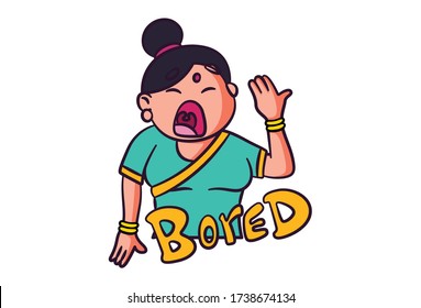 Vector cartoon illustration of woman is yawning. Lettering text bored. Isolated on white background.
