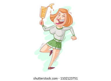 Vector cartoon illustration of a women dancing with beer glass .