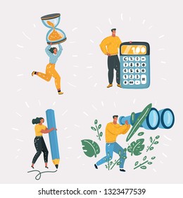 Vector cartoon illustration of women different profession. Tiny People with big calculator, binocular, pencil, hoursglasess.