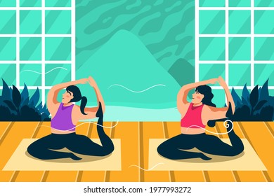 Vector Cartoon Illustration of Women doing Yoga and fitness exercises. Healthy lifestyle. Young woman doing  Physical and spiritual practice at home in the morning.