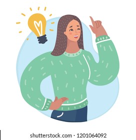 Vector cartoon illustration of Women idea came. Female character is up her forefinger. It dawned with Incandescent lamp