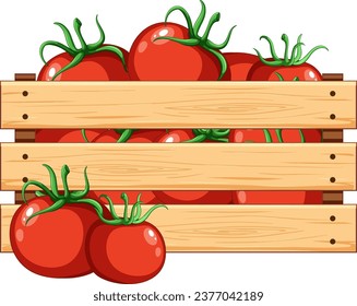 Dibujo vectorial de una caja de madera rebosante de tomates maduros