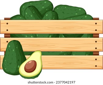 A vector cartoon illustration of a wooden crate filled with avocados, isolated on a white background