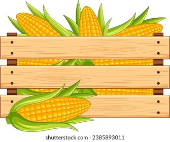 A vector cartoon illustration of a wooden crate filled with corn, isolated