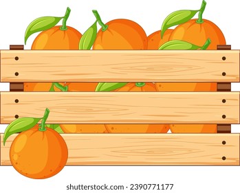 A vector cartoon illustration of a wooden crate filled with oranges, isolated on a white background